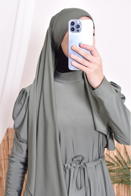 Hijab de bain à nouer kaki pour compléter son burkini, résistant et opaque