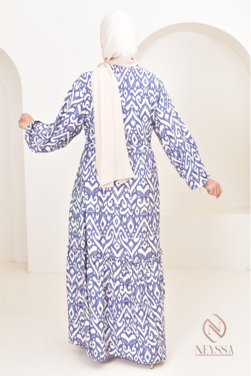 Long-sleeved hijabi dress with bohemian motifs in linen-effect fabric