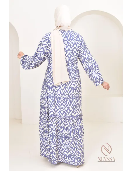 Long-sleeved hijabi dress with bohemian motifs in linen-effect fabric