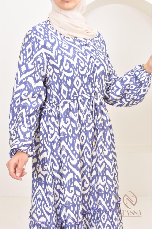 Long-sleeved hijabi dress with bohemian motifs in linen-effect fabric