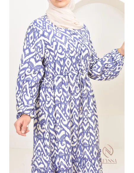Long-sleeved hijabi dress with bohemian motifs in linen-effect fabric