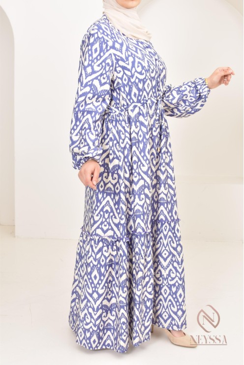 Long-sleeved hijabi dress with bohemian motifs in linen-effect fabric