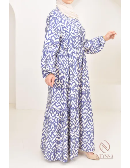 Long-sleeved hijabi dress with bohemian motifs in linen-effect fabric