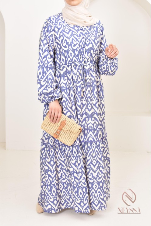 Long-sleeved hijabi dress with bohemian motifs in linen-effect fabric