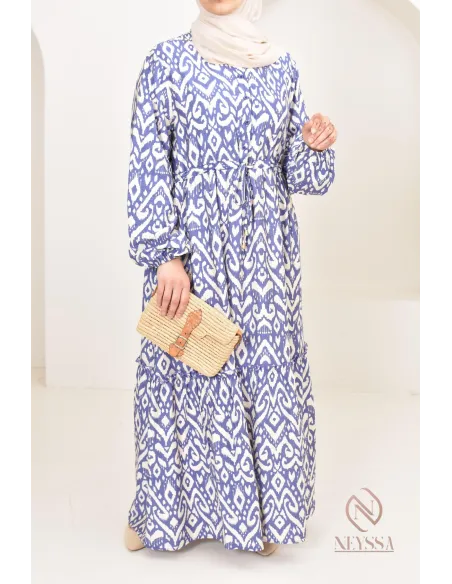 Long-sleeved hijabi dress with bohemian motifs in linen-effect fabric