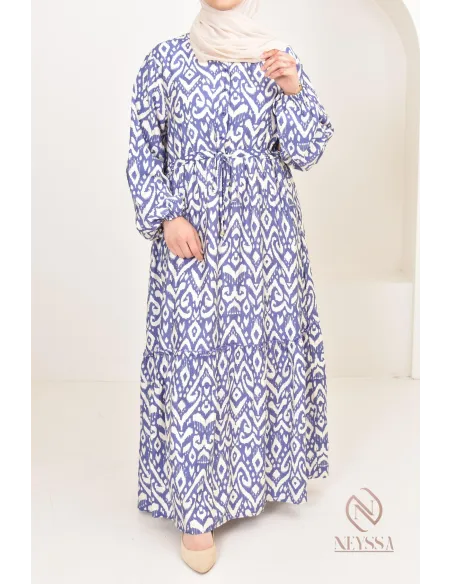 Long-sleeved hijabi dress with bohemian motifs in linen-effect fabric