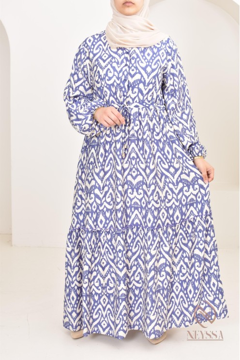 Long-sleeved hijabi dress with bohemian motifs in linen-effect fabric