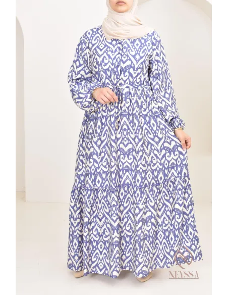 Long-sleeved hijabi dress with bohemian motifs in linen-effect fabric