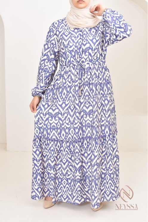 Long-sleeved hijabi dress with bohemian motifs in linen-effect fabric