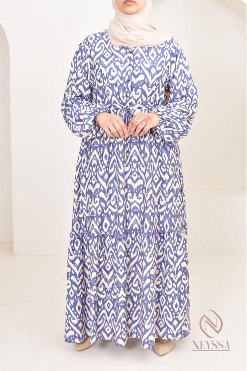 Long-sleeved hijabi dress with bohemian motifs in linen-effect fabric