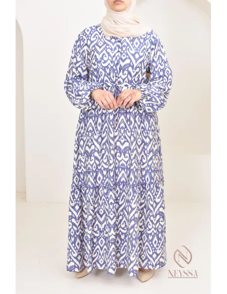 Long-sleeved hijabi dress with bohemian motifs in linen-effect fabric