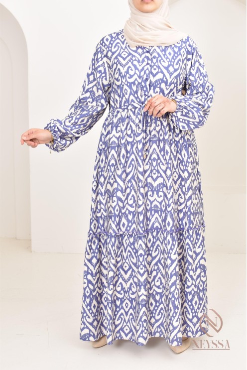 Long-sleeved hijabi dress with bohemian motifs in linen-effect fabric