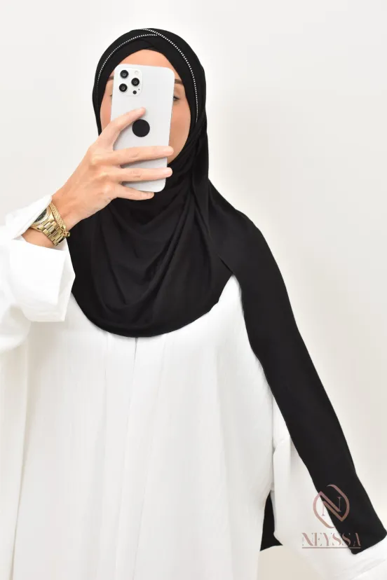 slip-on hijab with integrated rhinestone cap, high-quality 