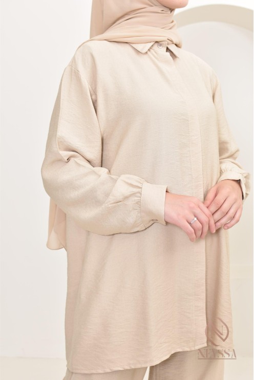 Set aus langem Hemd und Hose aus Leinenstoff, Hijabi-Outfit-Idee