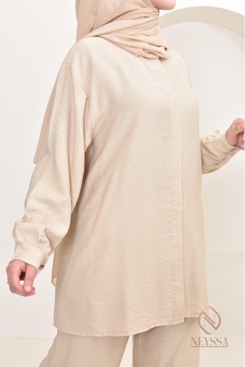 Set aus langem Hemd und Hose aus Leinenstoff, Hijabi-Outfit-Idee