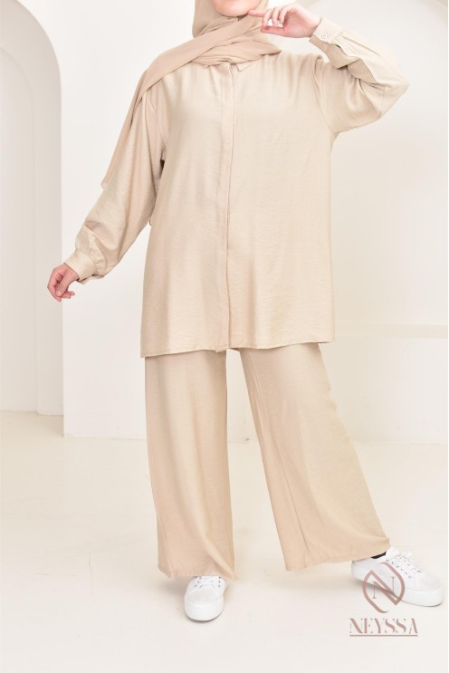 Set aus langem Hemd und Hose aus Leinenstoff, Hijabi-Outfit-Idee