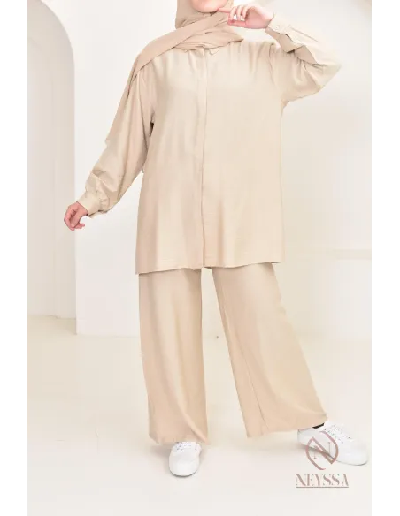 Set aus langem Hemd und Hose aus Leinenstoff, Hijabi-Outfit-Idee