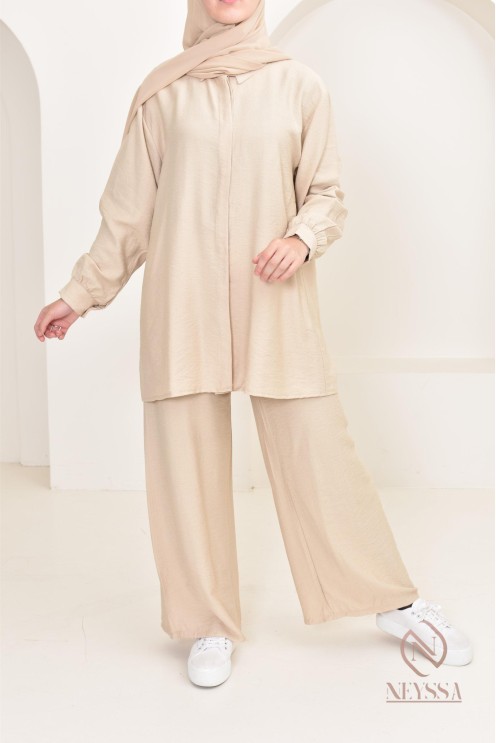 Set aus langem Hemd und Hose aus Leinenstoff, Hijabi-Outfit-Idee
