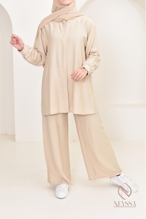 Set aus langem Hemd und Hose aus Leinenstoff, Hijabi-Outfit-Idee