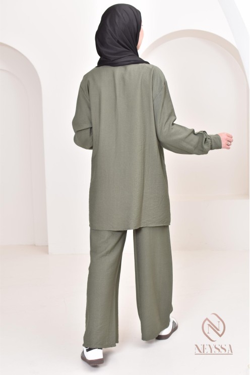 Set aus langem Hemd und Hose aus Leinenstoff, Hijabi-Outfit-Idee