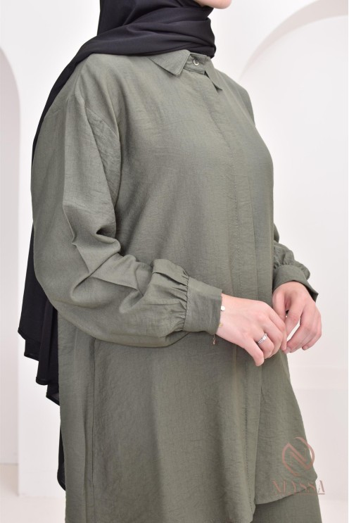 Set aus langem Hemd und Hose aus Leinenstoff, Hijabi-Outfit-Idee