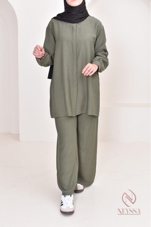 Set aus langem Hemd und Hose aus Leinenstoff, Hijabi-Outfit-Idee