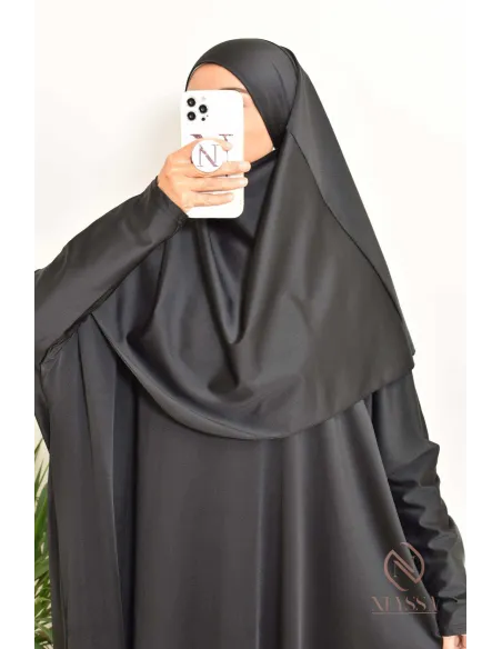Black burkini with integrated swim khimar, loose-fitting and water-resistant