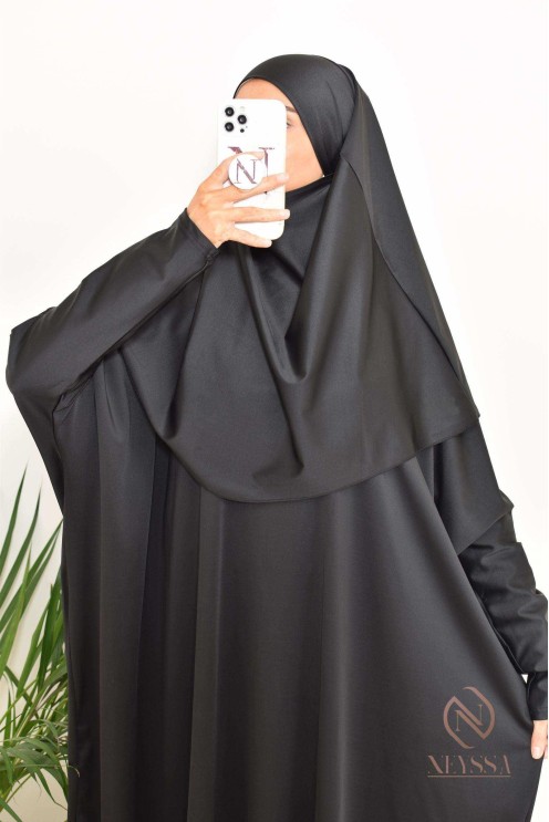 Black burkini with integrated swim khimar, loose-fitting and water-resistant