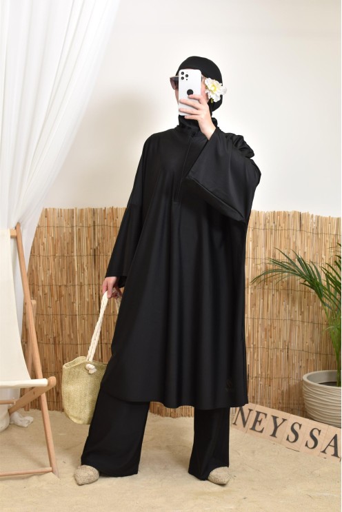 Women's black swim burkini with extra-large butterfly cut