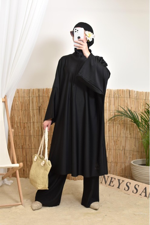 Women's black swim burkini with extra-large butterfly cut