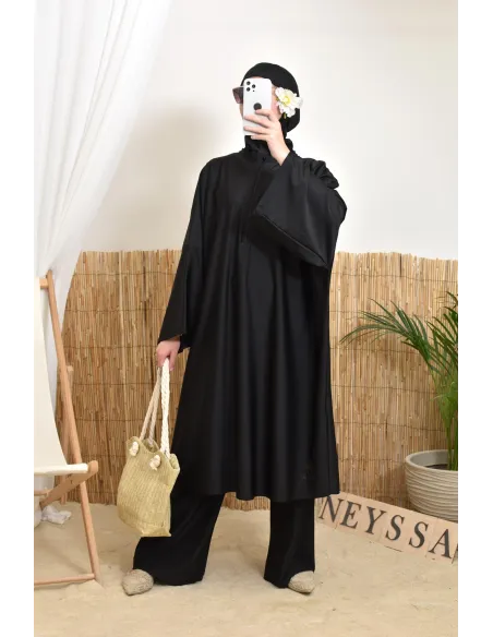 Women's black swim burkini with extra-large butterfly cut