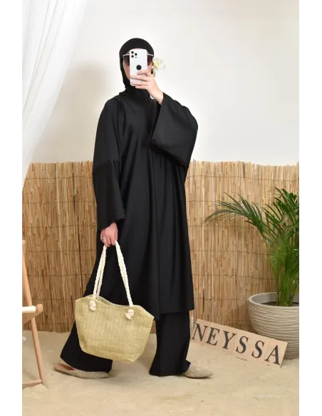 Women's black swim burkini with extra-large butterfly cut