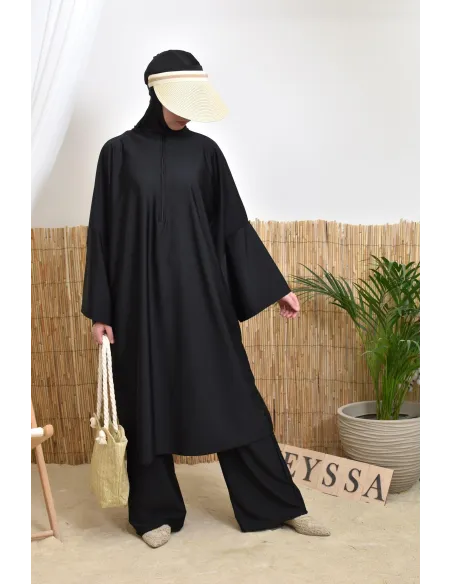 Women's black swim burkini with extra-large butterfly cut