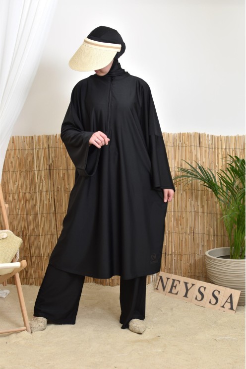 Women's black swim burkini with extra-large butterfly cut