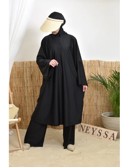 Women's black swim burkini with extra-large butterfly cut