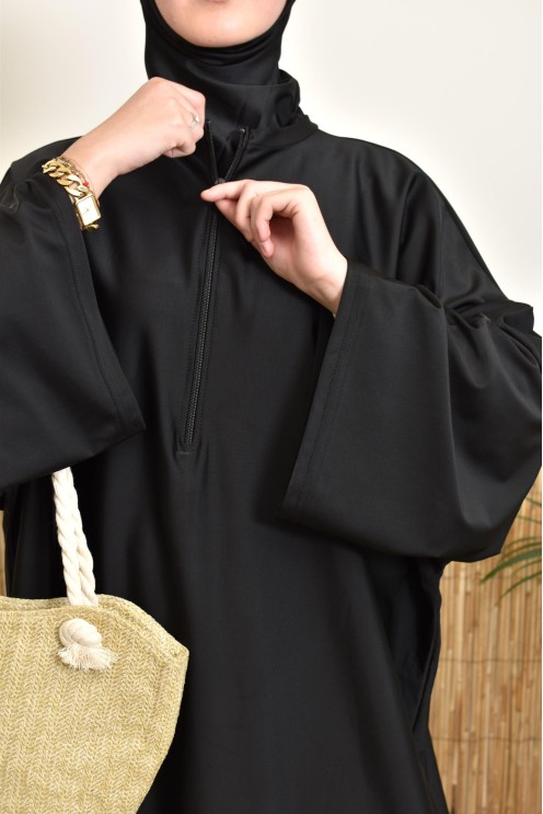 Women's black swim burkini with extra-large butterfly cut