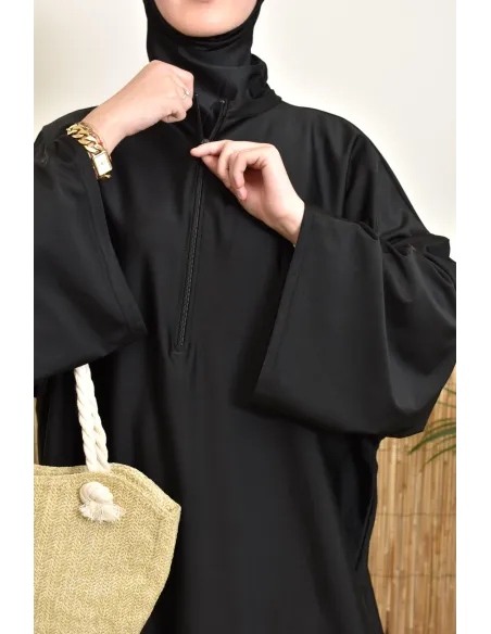 Women's black swim burkini with extra-large butterfly cut