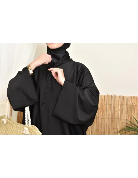 Women's black swim burkini with extra-large butterfly cut