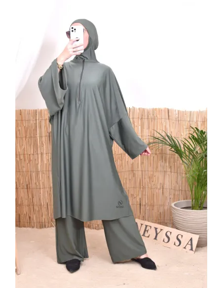 Burkini 2 pièces Kaki couple ample et long femme, séchage rapide