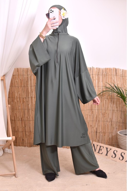 Burkini 2 pièces Kaki couple ample et long femme, séchage rapide
