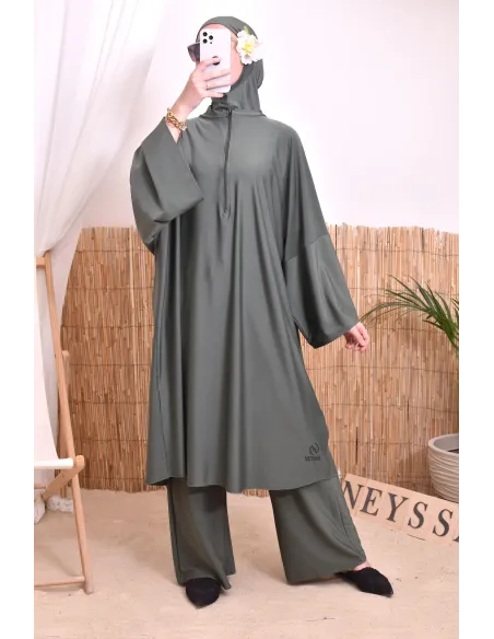 Burkini 2 pièces Kaki couple ample et long femme, séchage rapide