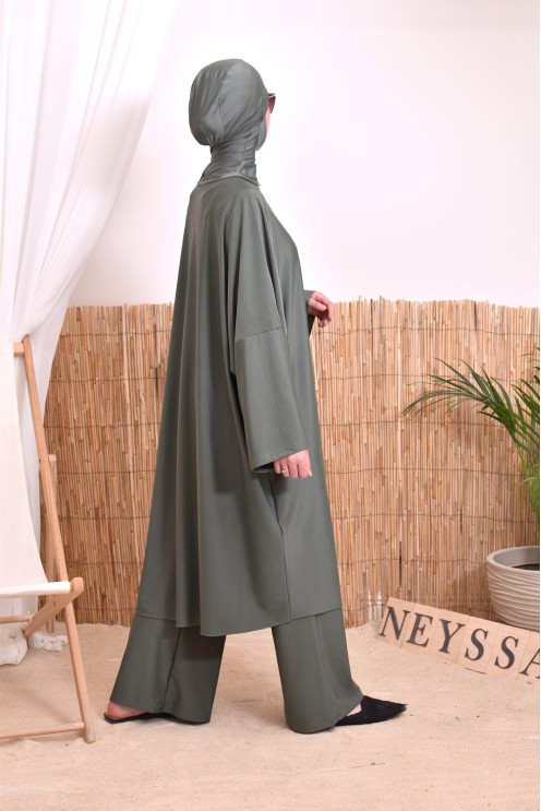 Burkini 2 pièces Kaki couple ample et long femme, séchage rapide