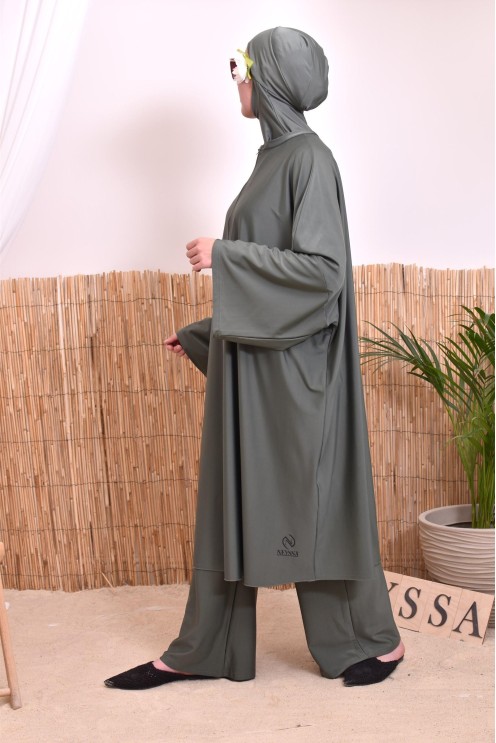 Burkini 2 pièces Kaki couple ample et long femme, séchage rapide