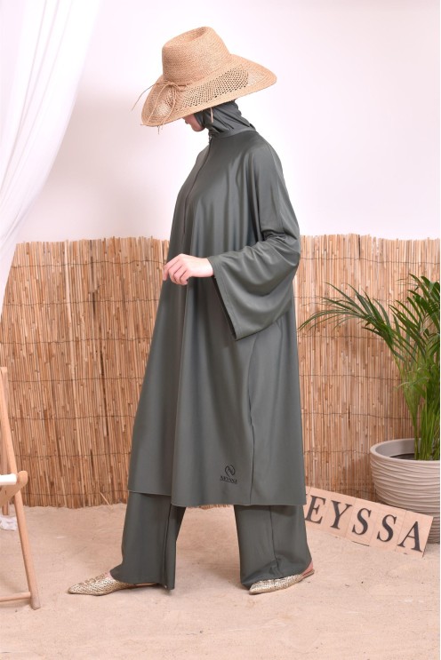 Burkini 2 pièces Kaki couple ample et long femme, séchage rapide