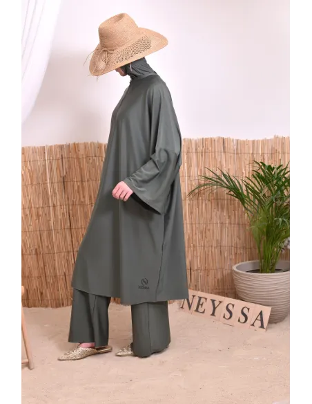 Burkini 2 pièces Kaki couple ample et long femme, séchage rapide