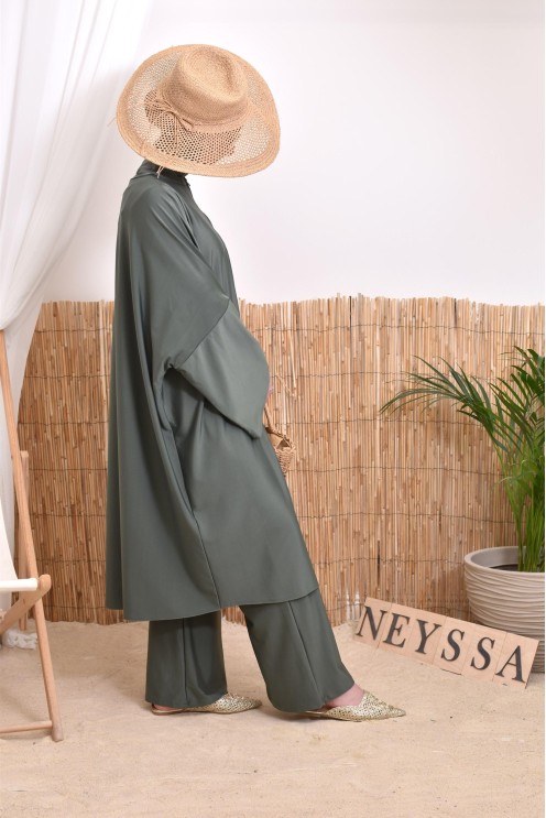 Burkini 2 pièces Kaki couple ample et long femme, séchage rapide