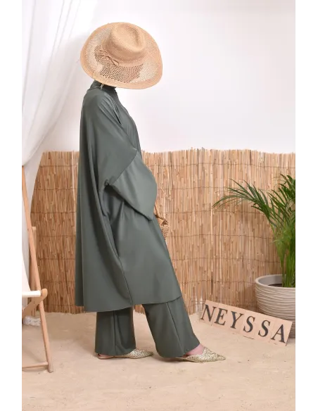 Burkini 2 pièces Kaki couple ample et long femme, séchage rapide