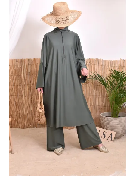 Burkini 2 pièces Kaki couple ample et long femme, séchage rapide