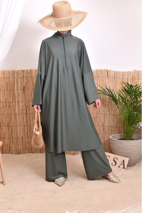 Burkini 2 pièces Kaki couple ample et long femme, séchage rapide