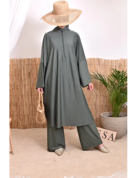 Burkini 2 pièces Kaki couple ample et long femme, séchage rapide
